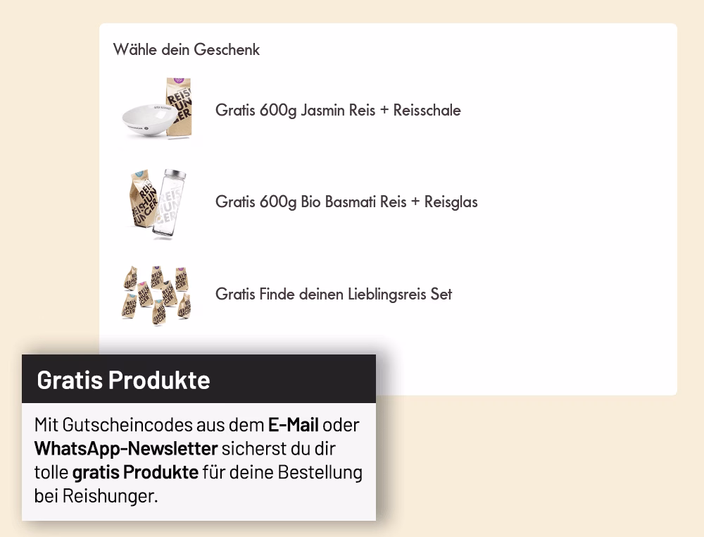 Klasse gratis Produkte zu deiner Reishunger Bestellung! Gratis Produkte zu deiner Reishunger Bestellung mit Newsletter und Gutscheincodes