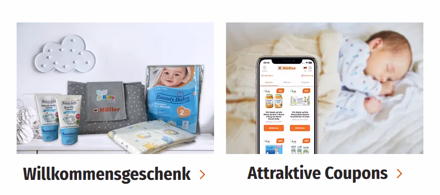 Müller BabyClub Sparen mit extra Coupons, Willkommensgeschenk zur Geburt, gratis Windel-Etui