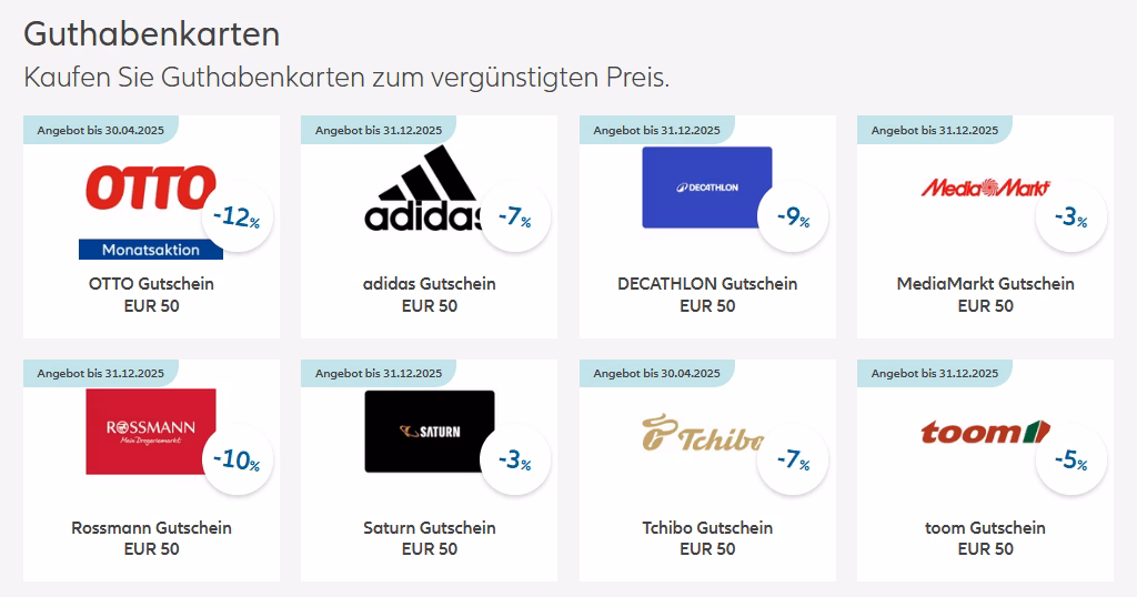 Rabattierte Geschenkkarten bietet die Allianz Vorteilswelt in einer guten Auswahl an