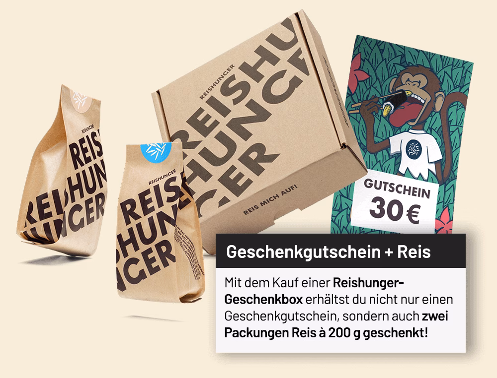 Zu jeder Geschenkgutscheinbox gibt es 2 Packungen Reis gratis Gratis Reis mit der Geschenkbox von Reishunger Geld sparen!