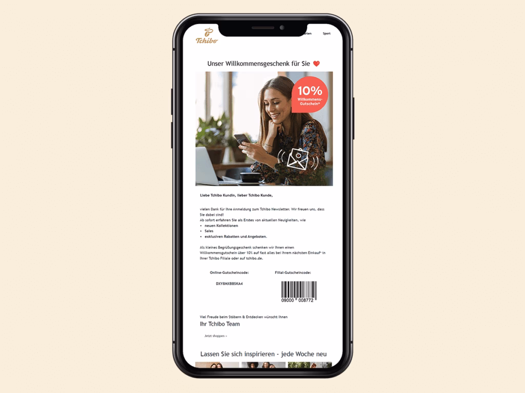 Tchibo Newsletter - Mail mit 10 % Rabatt Code zur Anmeldung, mobile Ansicht