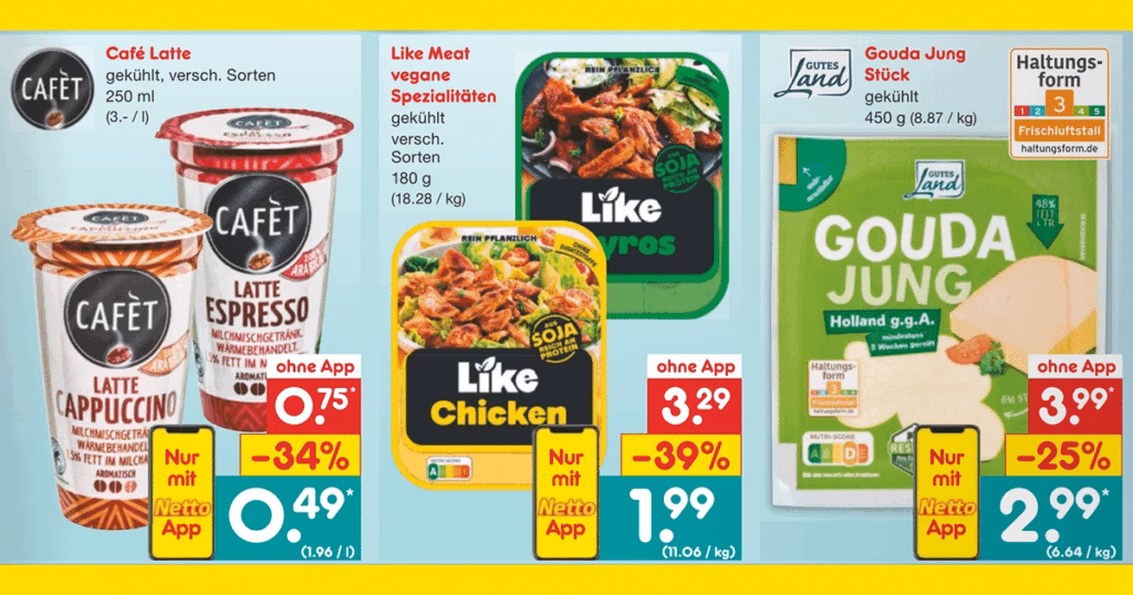 Mit der Netto-App reduzierte Preise, mit Coupons automatisch sparen, beworben im Angebotsprospekt